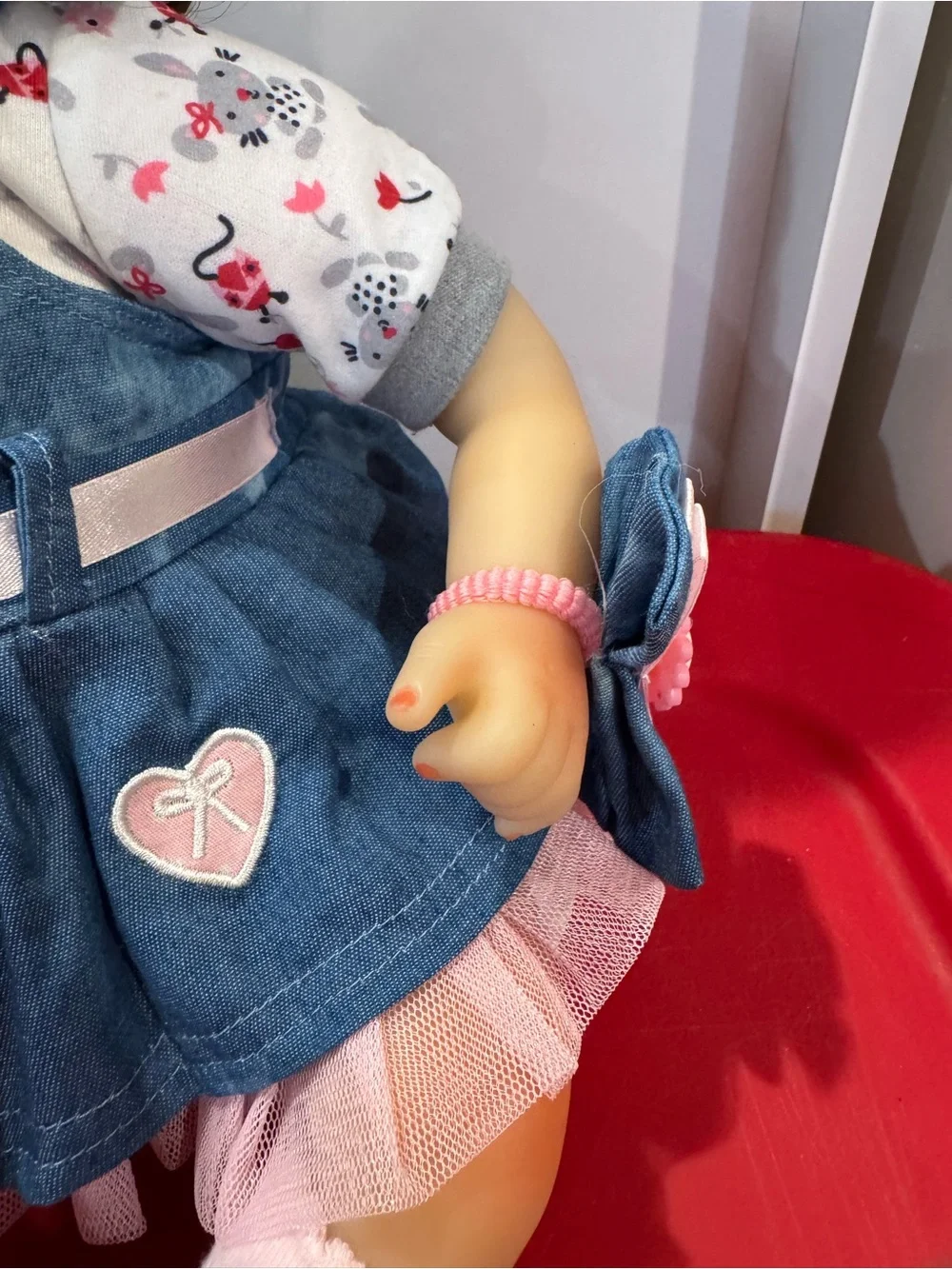 Reborn Doll- Blue Denim Dress Baby Doll with Pink Accents